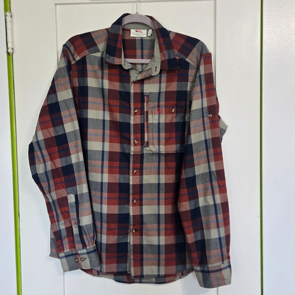 Fjallraven Fjallglim Shirt Plaid Flannel 81380 Mens Medium Red Navy Tartan